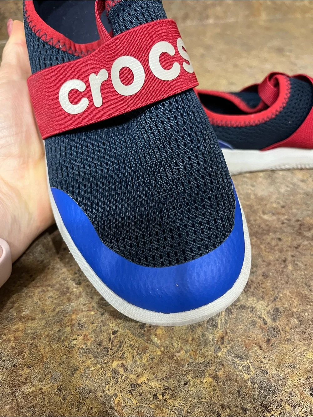 Crocs LiteRide Modform Kids J3 Slip On Sneakers Navy Blue Red Sport